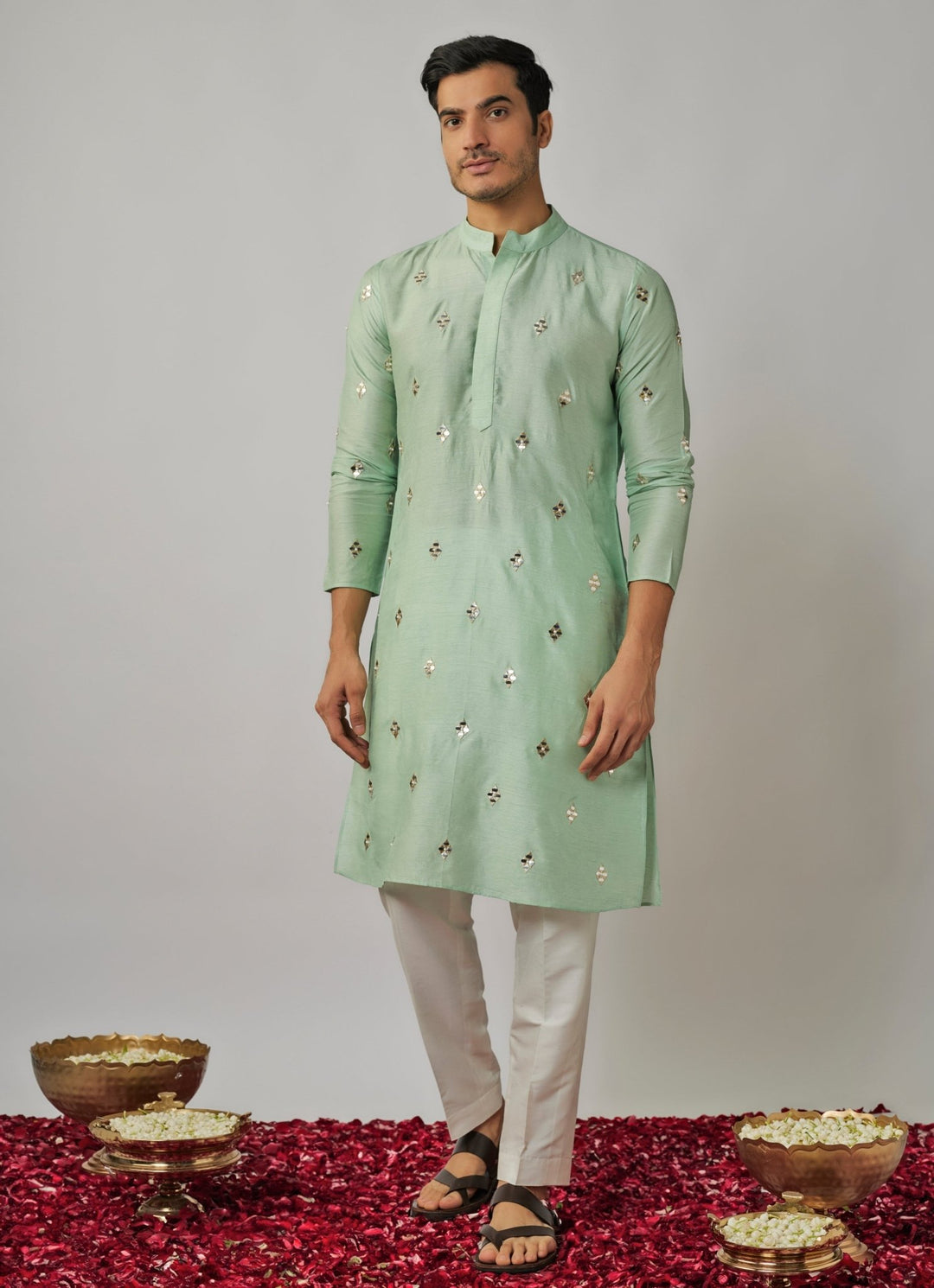 Mint Green Embroidered Kurta and Ivory Pants Set Renee Label - Men - Fabilicious Fashion