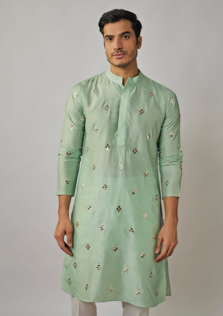 Mint Green Embroidered Kurta and Ivory Pants Set Renee Label - Men - Fabilicious Fashion
