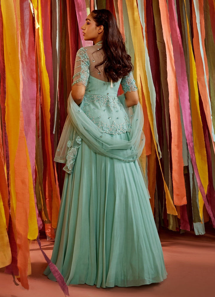 Mint Green Embroidered Kurta Lehenga Set Sanya Gulati - Fabilicious Fashion