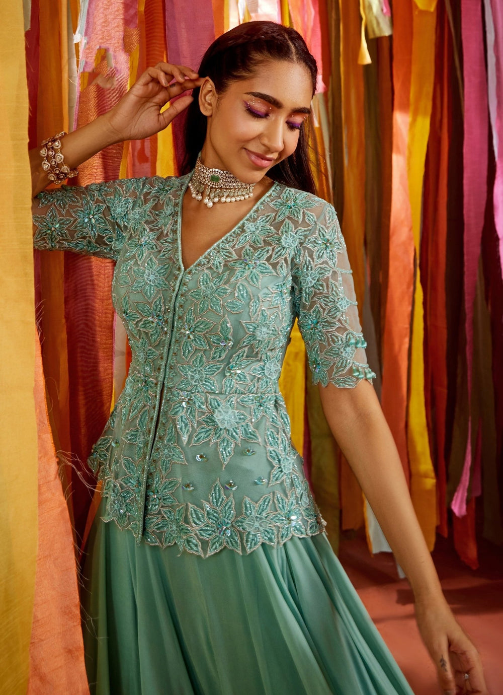 Mint Green Embroidered Kurta Lehenga Set Sanya Gulati - Fabilicious Fashion