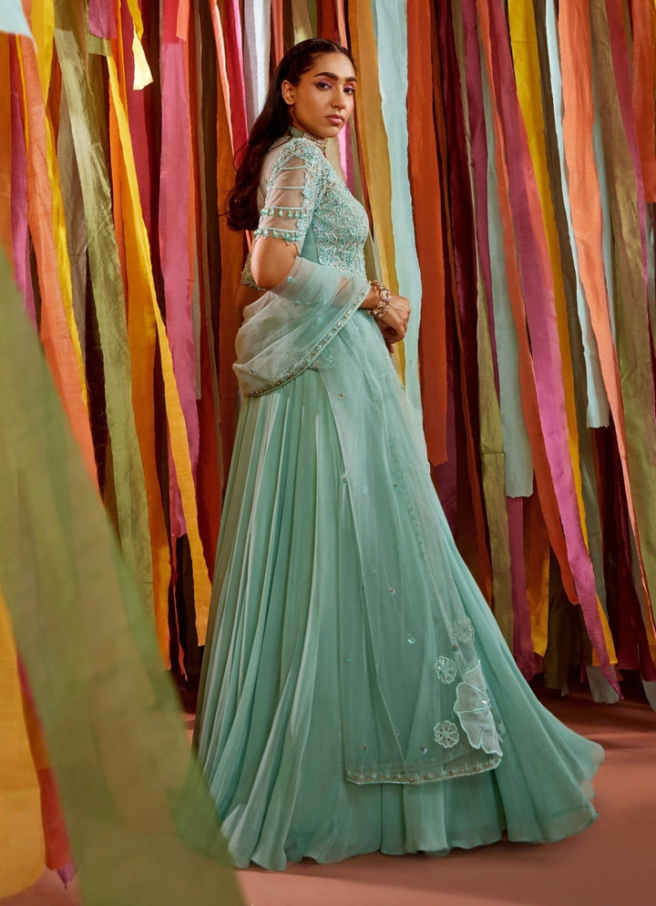 Mint Green Embroidered Kurta Lehenga Set Sanya Gulati - Fabilicious Fashion