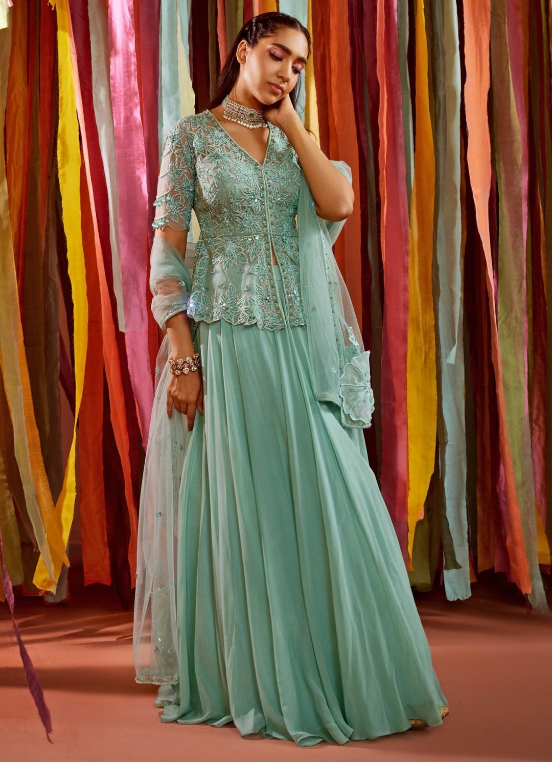 Mint Green Embroidered Kurta Lehenga Set Sanya Gulati - Fabilicious Fashion