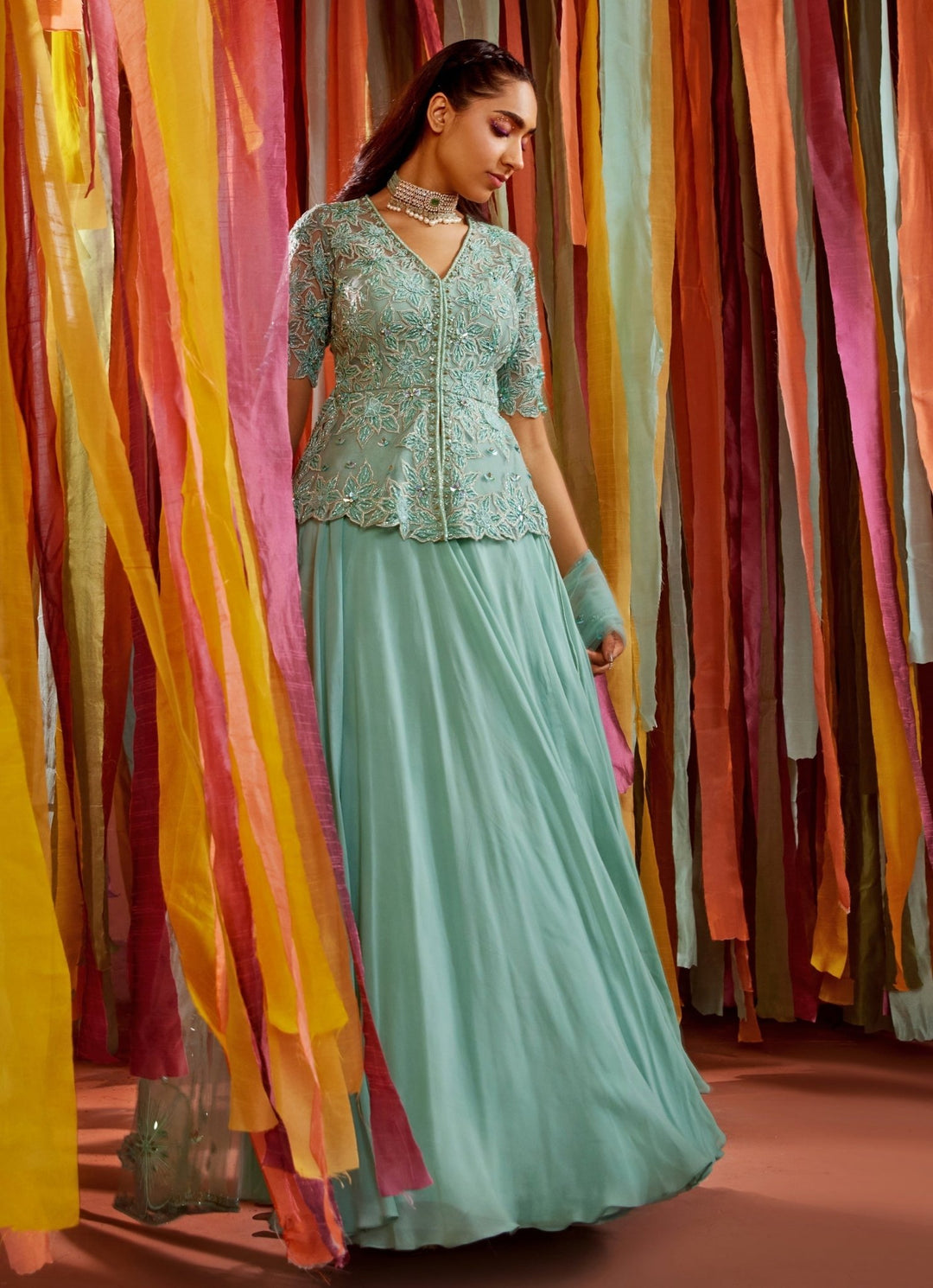 Mint Green Embroidered Kurta Lehenga Set Sanya Gulati - Fabilicious Fashion