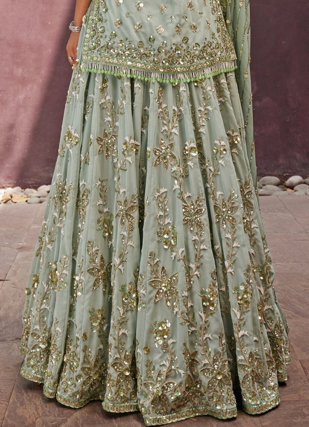 Mint Green Embroidered Kurti Lehenga Set Prevasu - Fabilicious Fashion