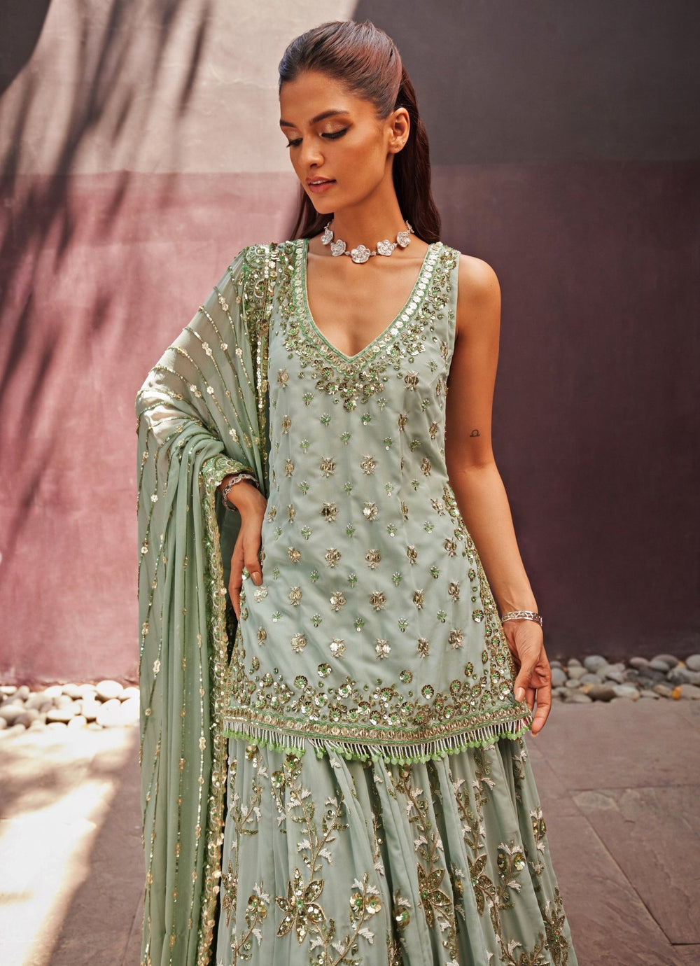 Mint Green Embroidered Kurti Lehenga Set Prevasu - Fabilicious Fashion