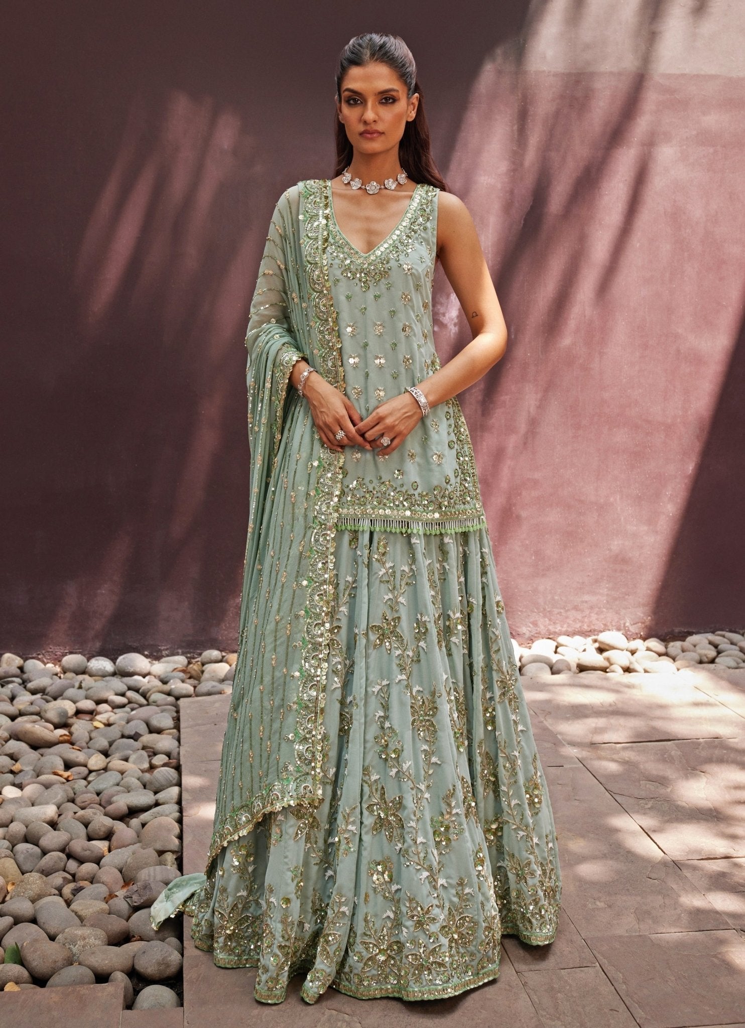 Pastel palette nikaah bridal colours — mint green lehenga set for a daytime nikaah and outdoor portraits