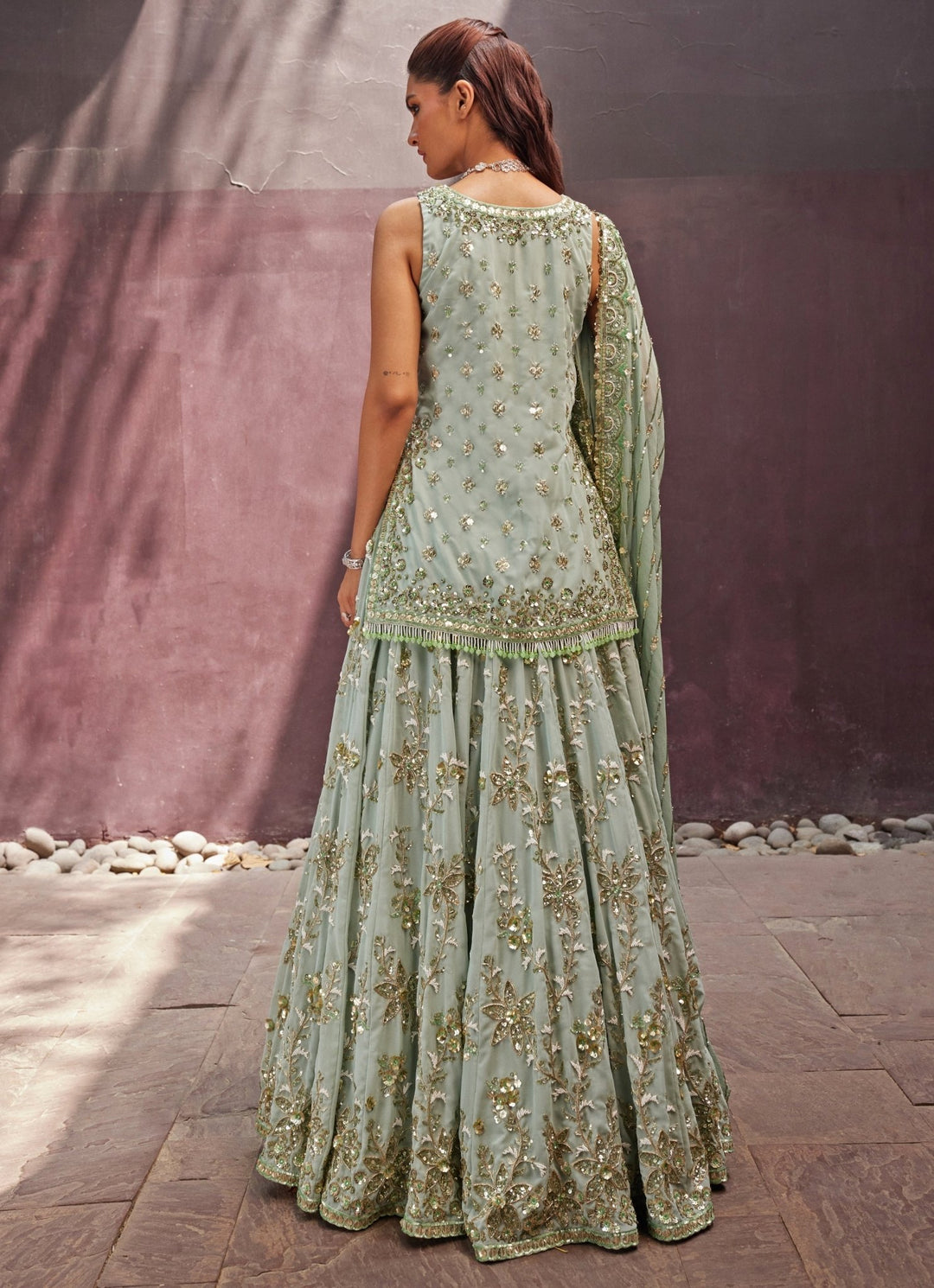 Mint Green Embroidered Kurti Lehenga Set Prevasu - Fabilicious Fashion