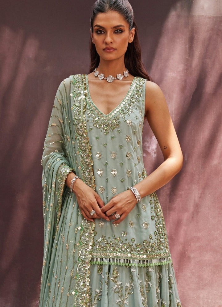 Mint Green Embroidered Kurti Lehenga Set Prevasu - Fabilicious Fashion