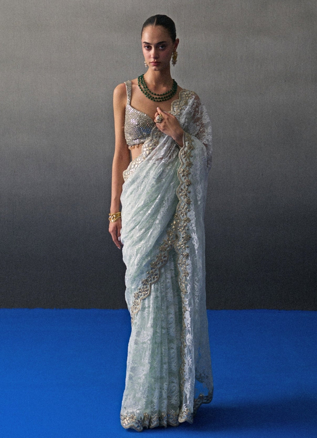 Mint Green Embroidered Lace Saree Angad Singh - Fabilicious Fashion