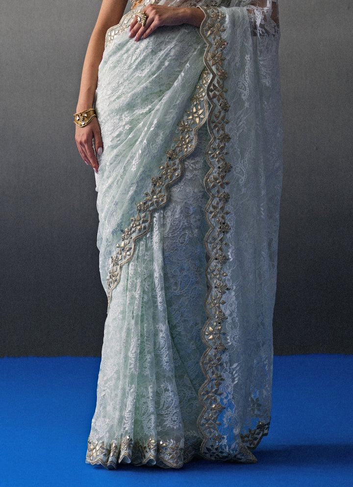 Mint Green Embroidered Lace Saree Angad Singh - Fabilicious Fashion