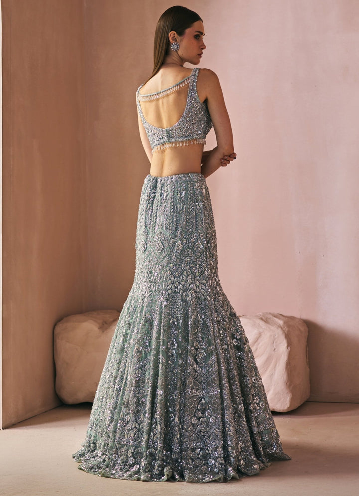 Mint Green Embroidered Mermaid Lehenga Set Angad Singh - Fabilicious Fashion