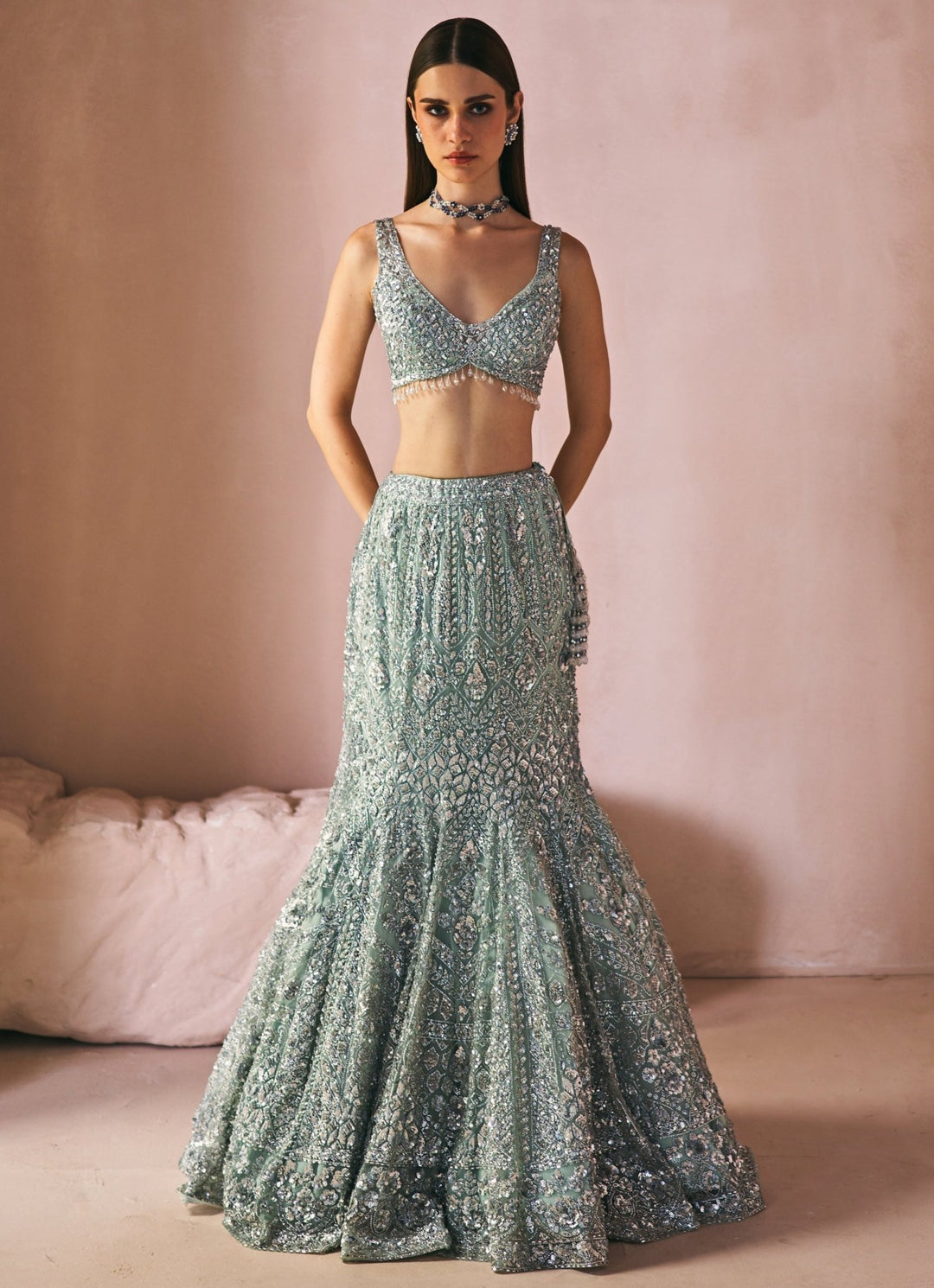Mint Green Embroidered Mermaid Lehenga Set Angad Singh - Fabilicious Fashion