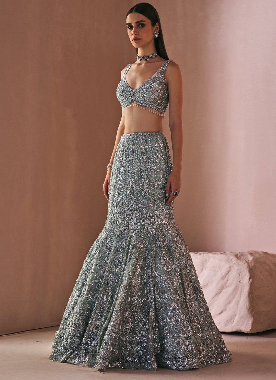 Mint Green Embroidered Mermaid Lehenga Set Angad Singh - Fabilicious Fashion