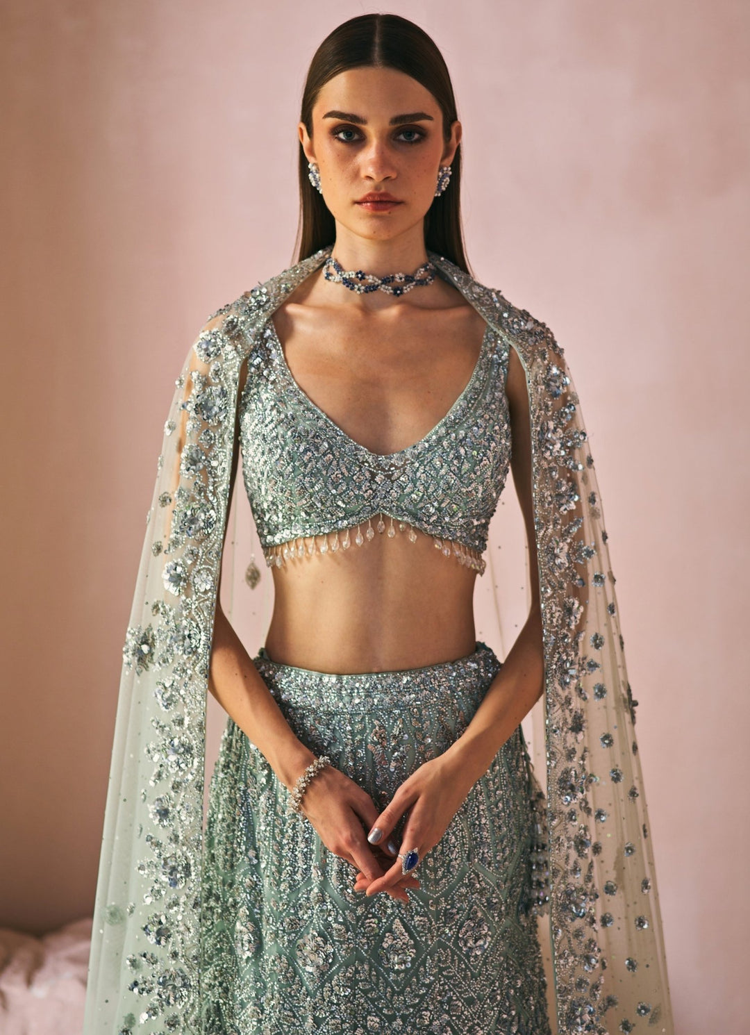 Mint Green Embroidered Mermaid Lehenga Set Angad Singh - Fabilicious Fashion