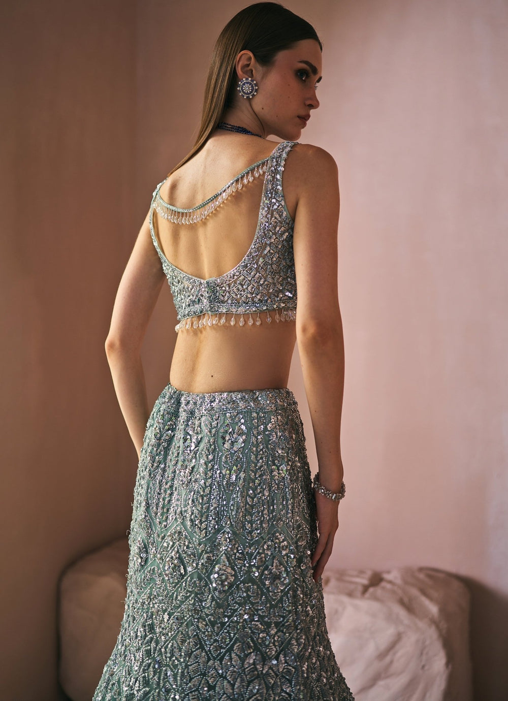 Mint Green Embroidered Mermaid Lehenga Set Angad Singh - Fabilicious Fashion