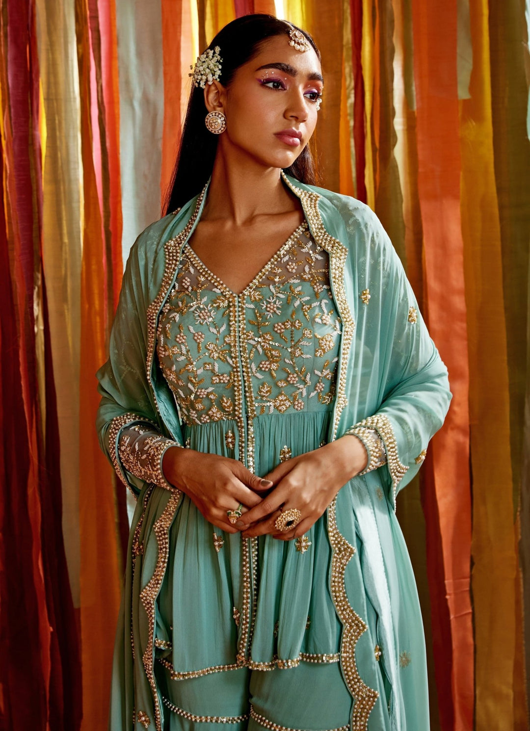 Mint Green Embroidered Peplum Kurta Sharara Set Sanya Gulati - Fabilicious Fashion