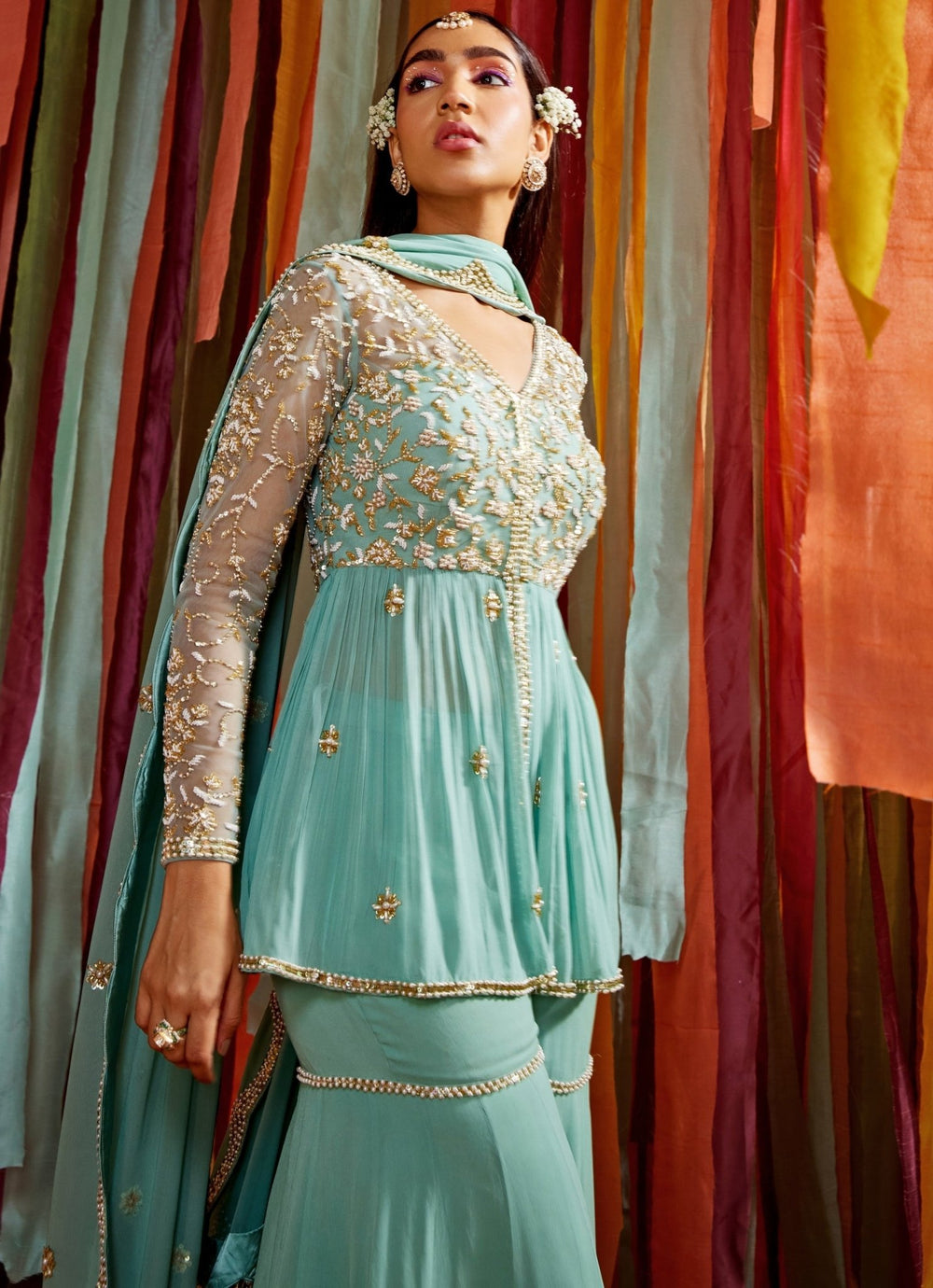 Mint Green Embroidered Peplum Kurta Sharara Set Sanya Gulati - Fabilicious Fashion