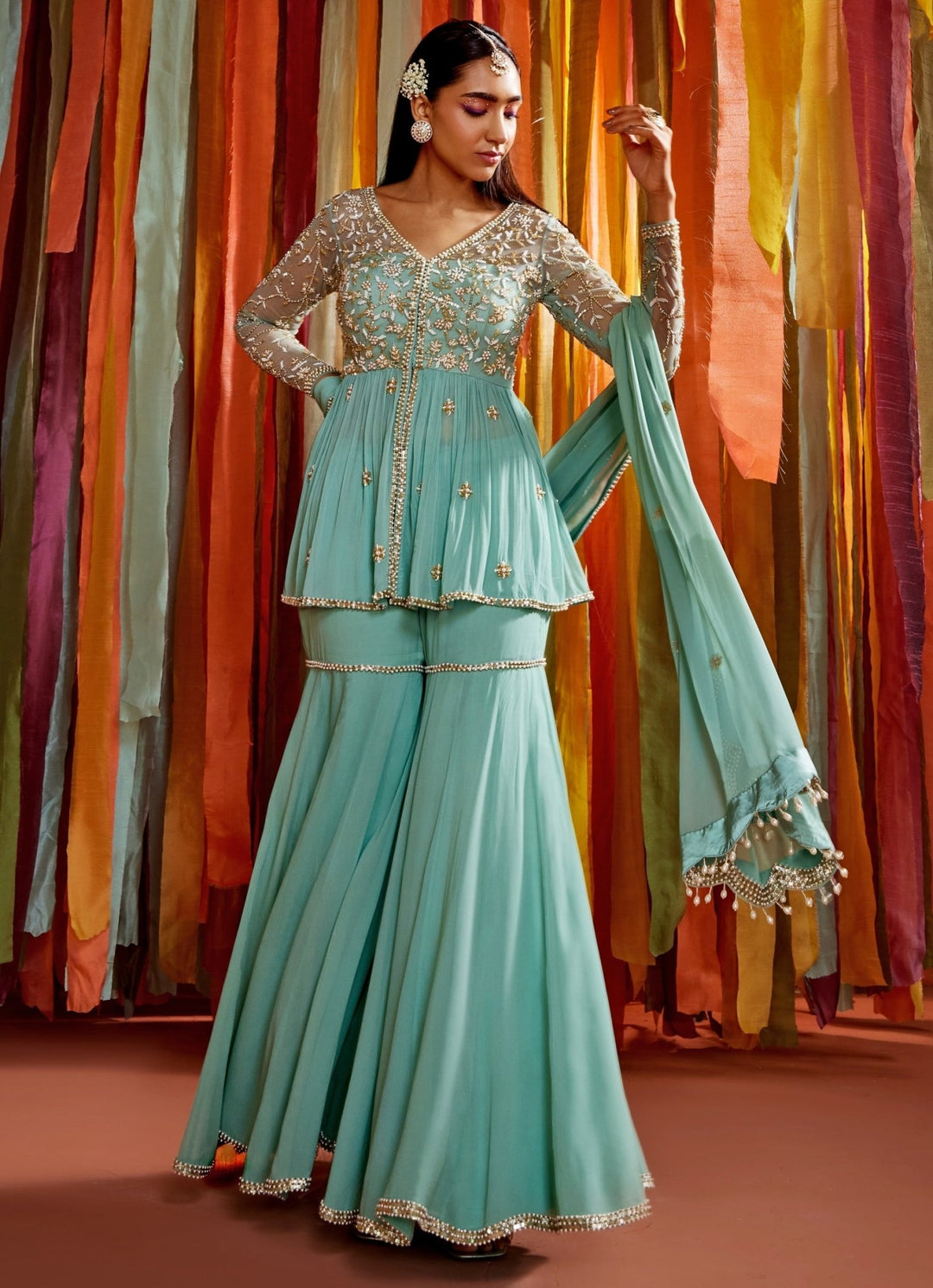 Mint Green Embroidered Peplum Kurta Sharara Set Sanya Gulati - Fabilicious Fashion