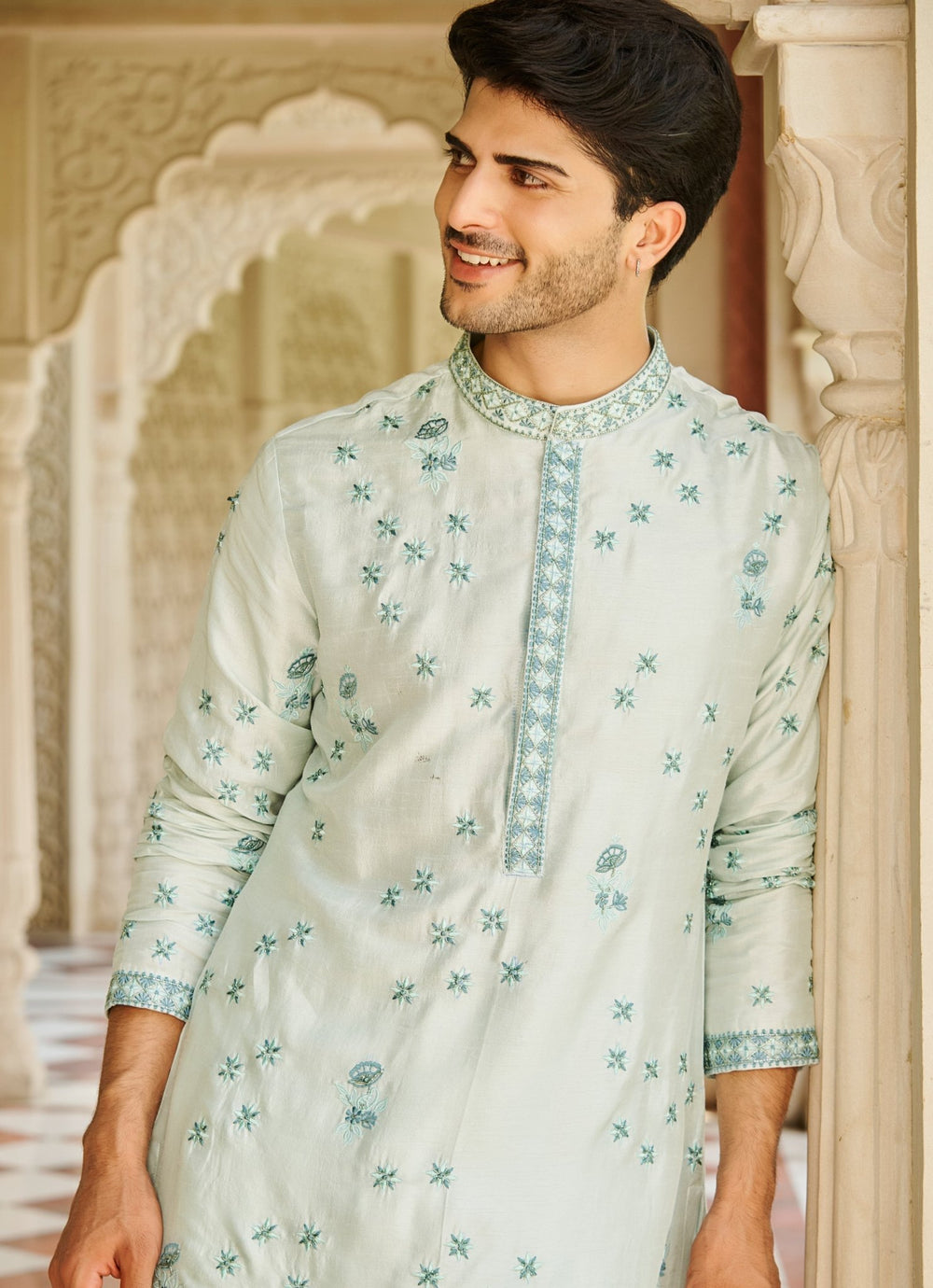 Mint Green Embroidered Silk Kurta Set Contrast By Parth - Fabilicious Fashion
