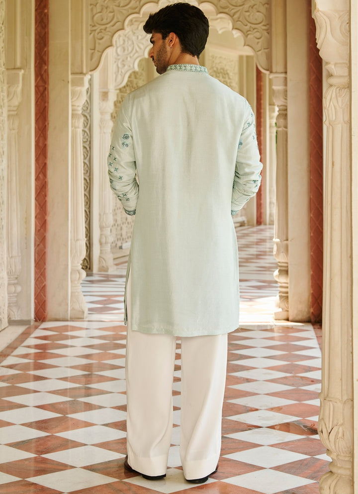 Mint Green Embroidered Silk Kurta Set Contrast By Parth - Fabilicious Fashion