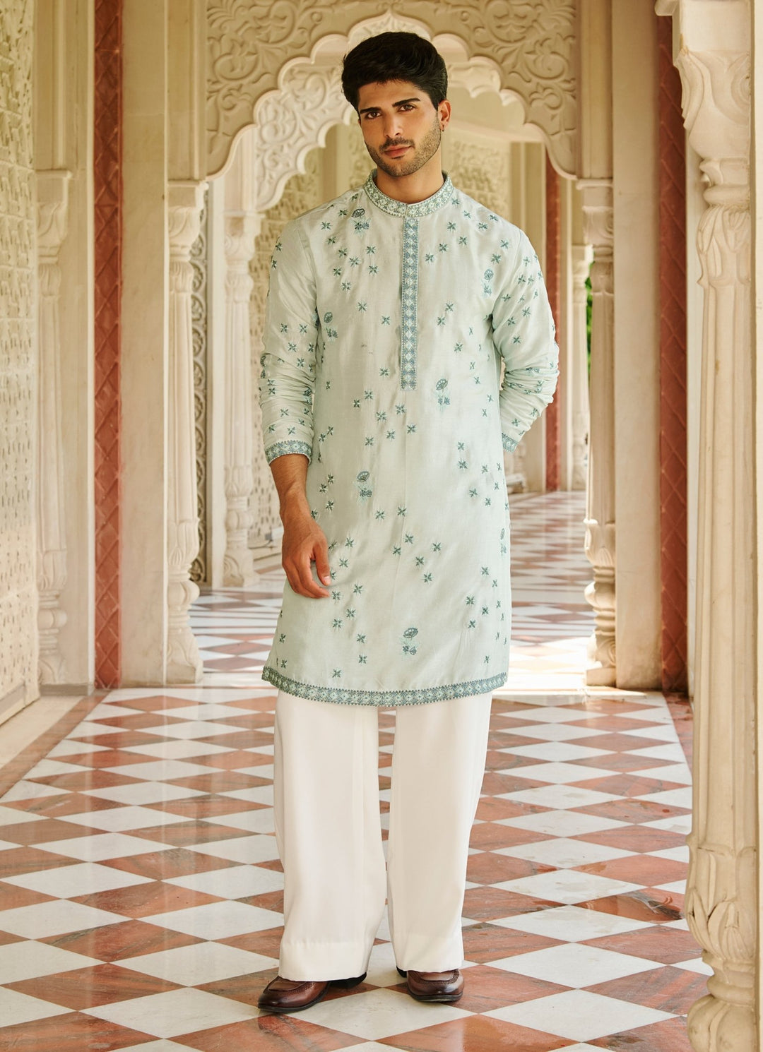 Mint Green Embroidered Silk Kurta Set Contrast By Parth - Fabilicious Fashion