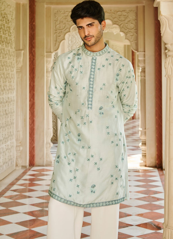 Mint Green Embroidered Silk Kurta Set Contrast By Parth - Fabilicious Fashion