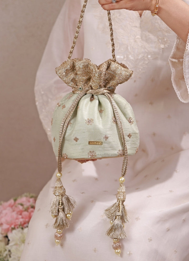 Amyra Mint Green Embroidered Silk PotliFabilicious Fashion