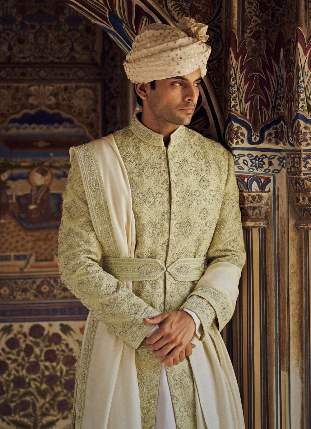 Mint Green Embroidered Silk Sherwani Nitika Gujral - Men - Fabilicious Fashion