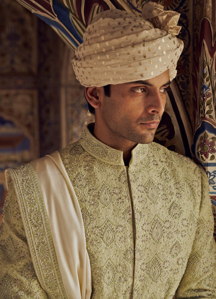 Mint Green Embroidered Silk Sherwani Nitika Gujral - Men - Fabilicious Fashion