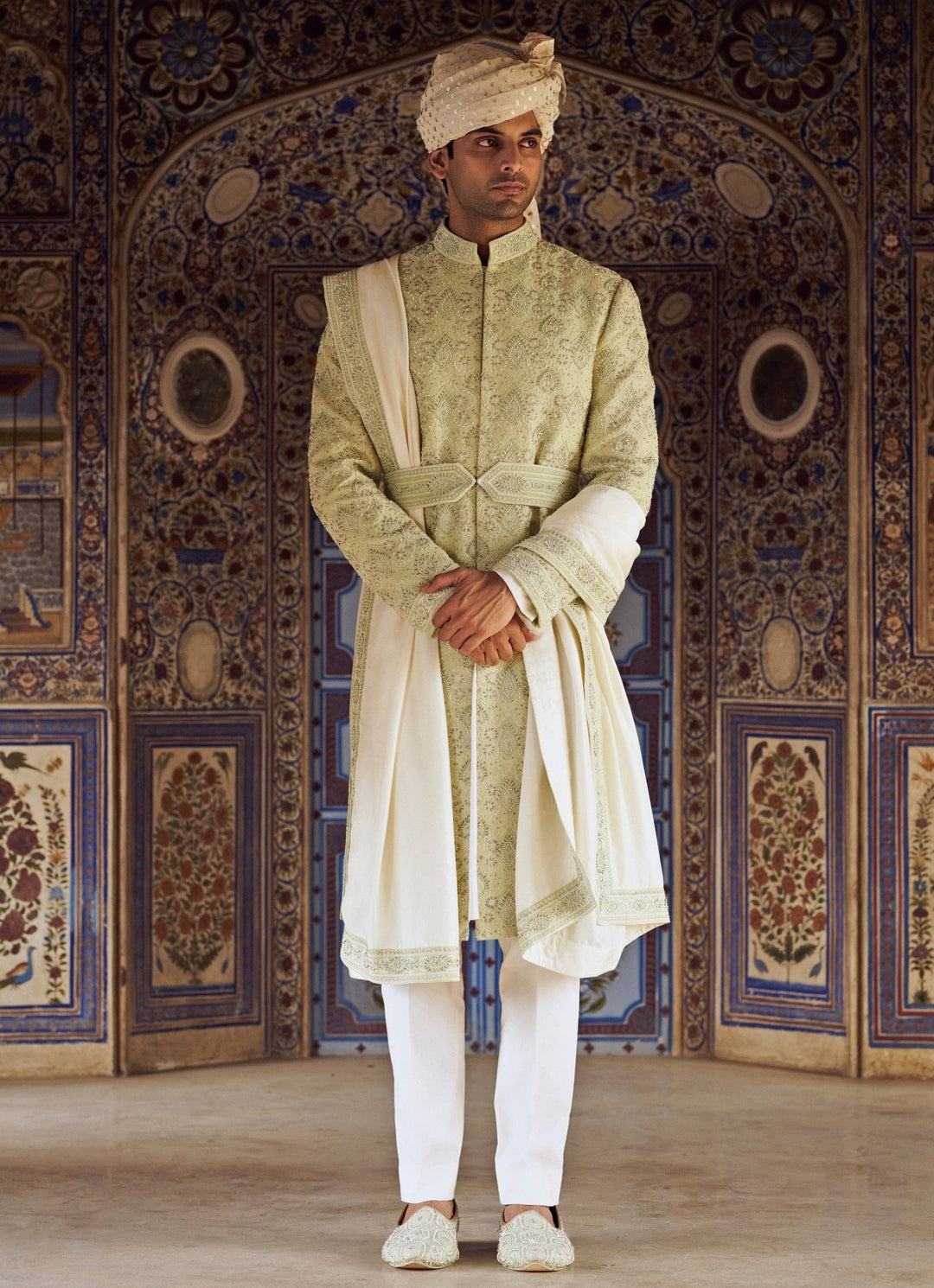 Mint Green Embroidered Silk Sherwani Nitika Gujral - Men - Fabilicious Fashion