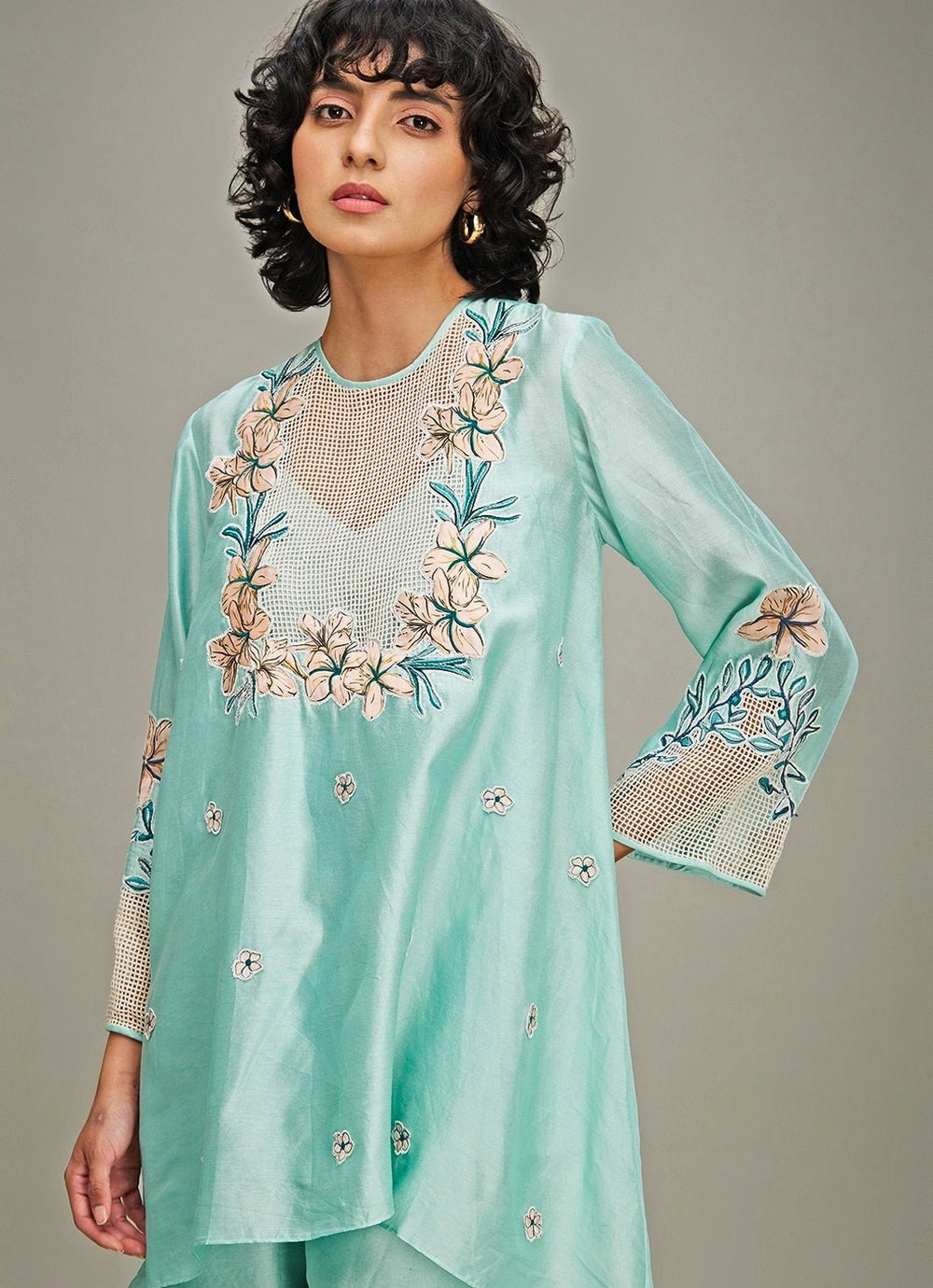 Mint Green Floral Embroidery And Applique Co Ord Set Soup By Sougat Paul - Fabilicious Fashion