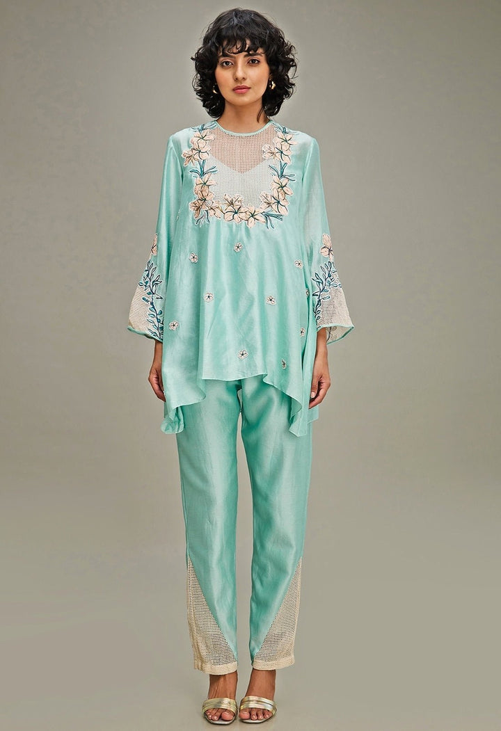 Mint Green Floral Embroidery And Applique Co Ord Set Soup By Sougat Paul - Fabilicious Fashion