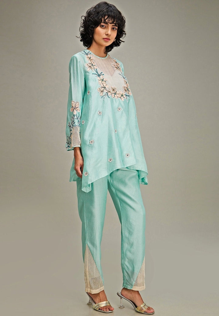 Mint Green Floral Embroidery And Applique Co Ord Set Soup By Sougat Paul - Fabilicious Fashion