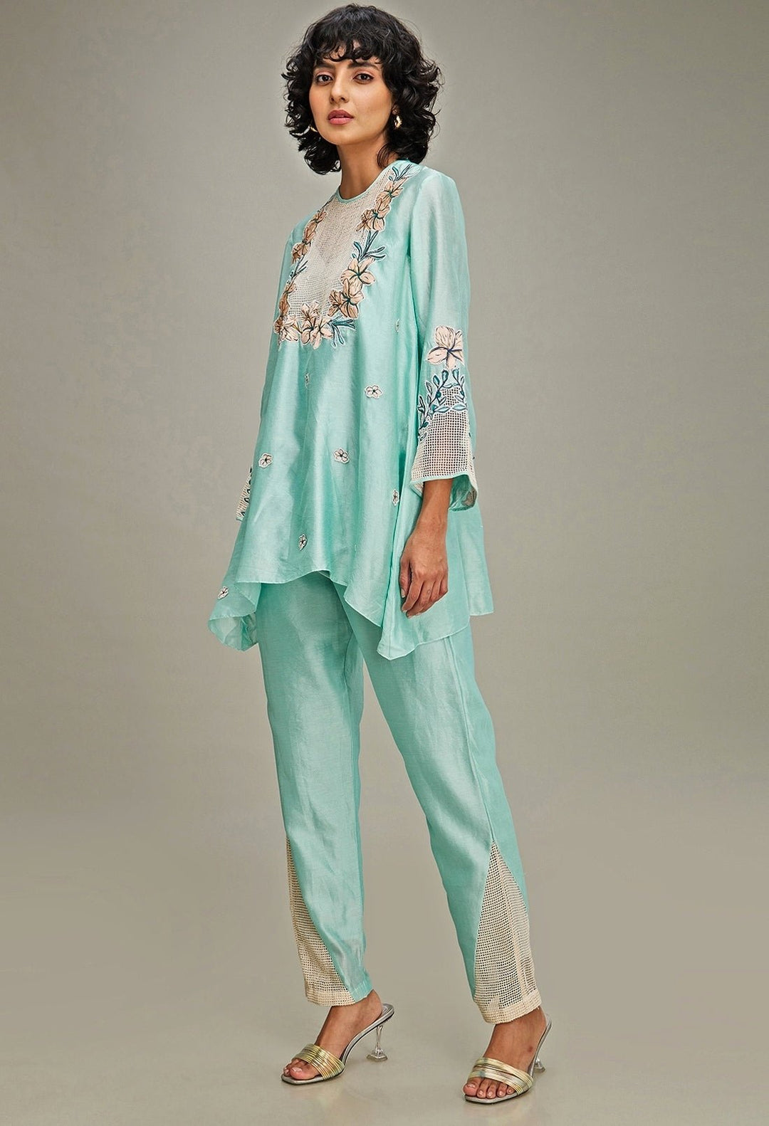 Mint Green Floral Embroidery And Applique Co Ord Set Soup By Sougat Paul - Fabilicious Fashion