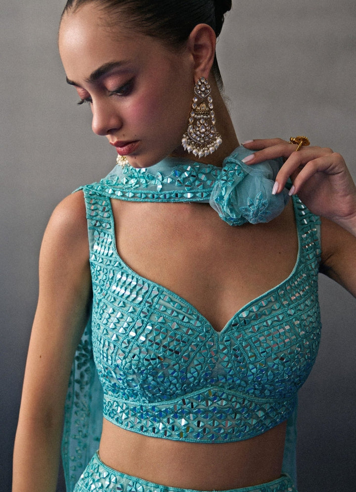 Mint Green Floral Lace Lehenga Set Angad Singh - Fabilicious Fashion