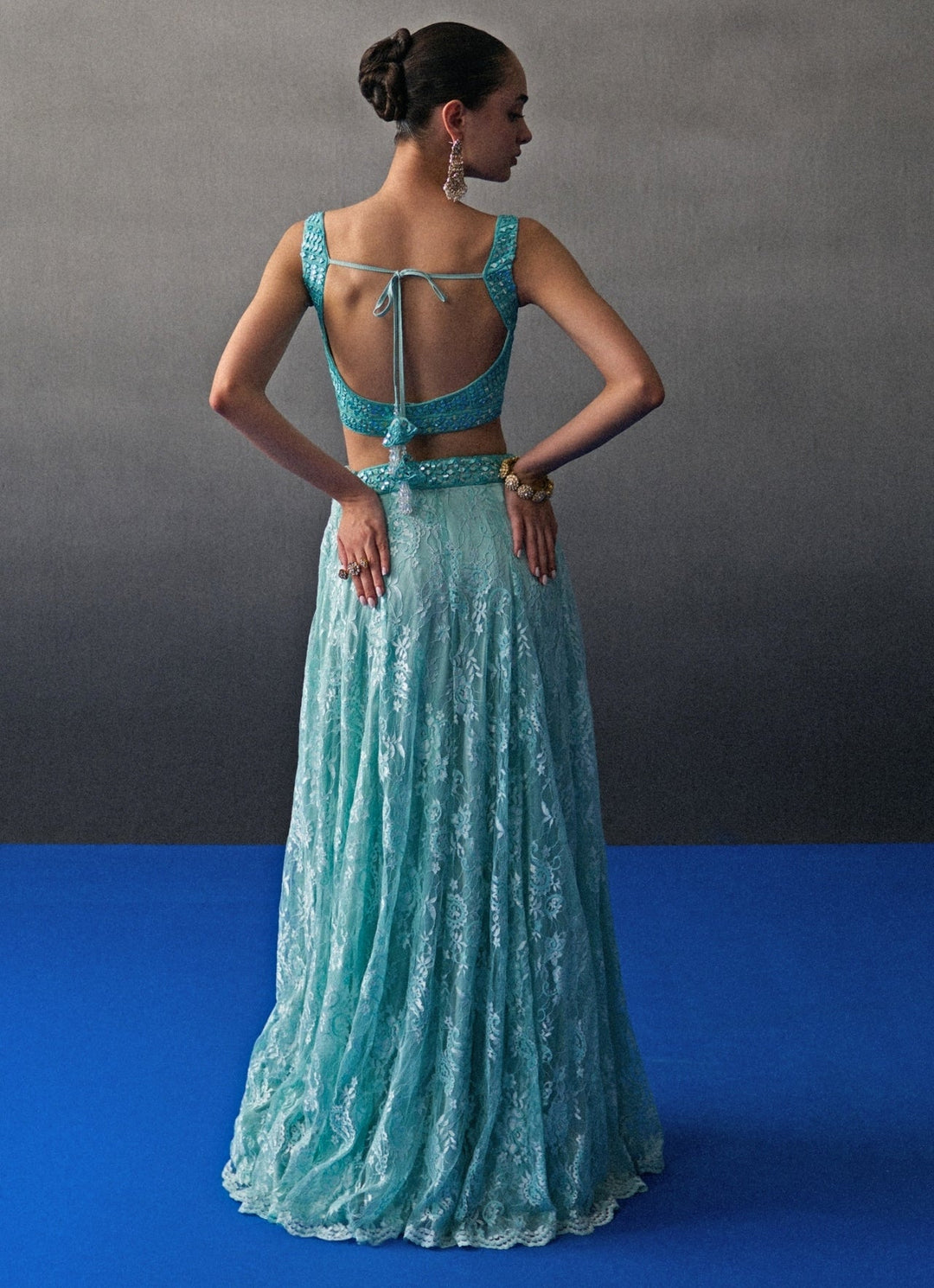 Mint Green Floral Lace Lehenga Set Angad Singh - Fabilicious Fashion