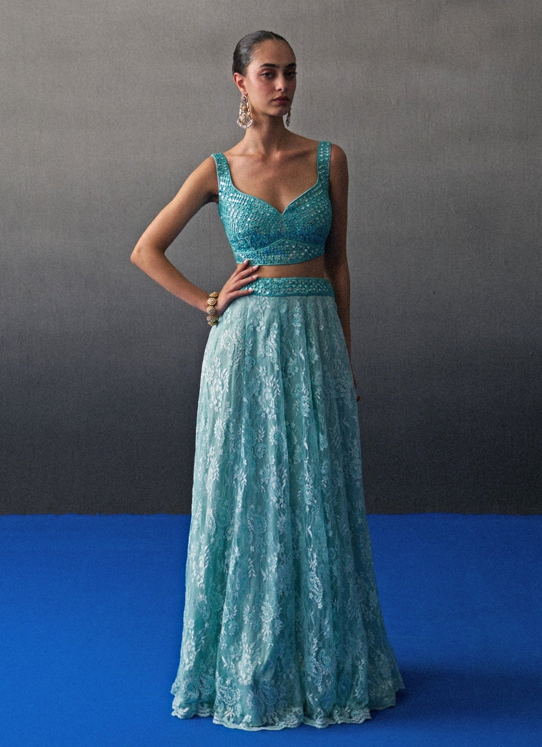 Mint Green Floral Lace Lehenga Set Angad Singh - Fabilicious Fashion