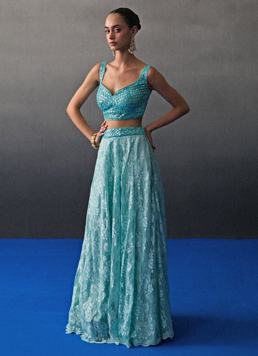 Mint Green Floral Lace Lehenga Set Angad Singh - Fabilicious Fashion