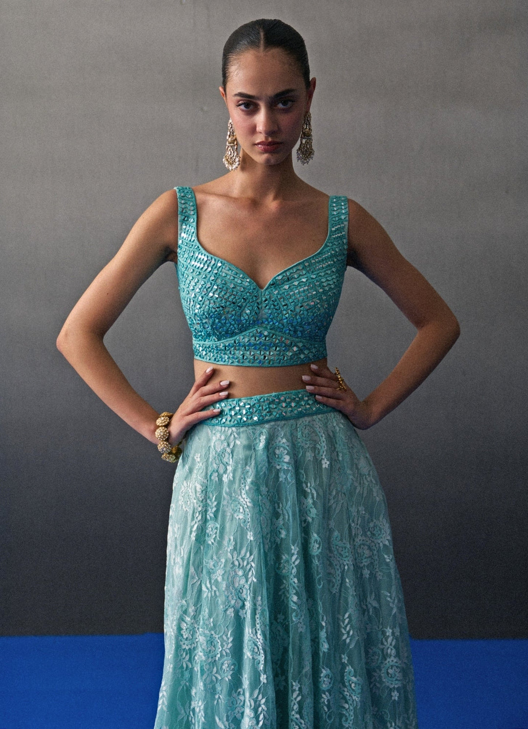 Mint Green Floral Lace Lehenga Set Angad Singh - Fabilicious Fashion