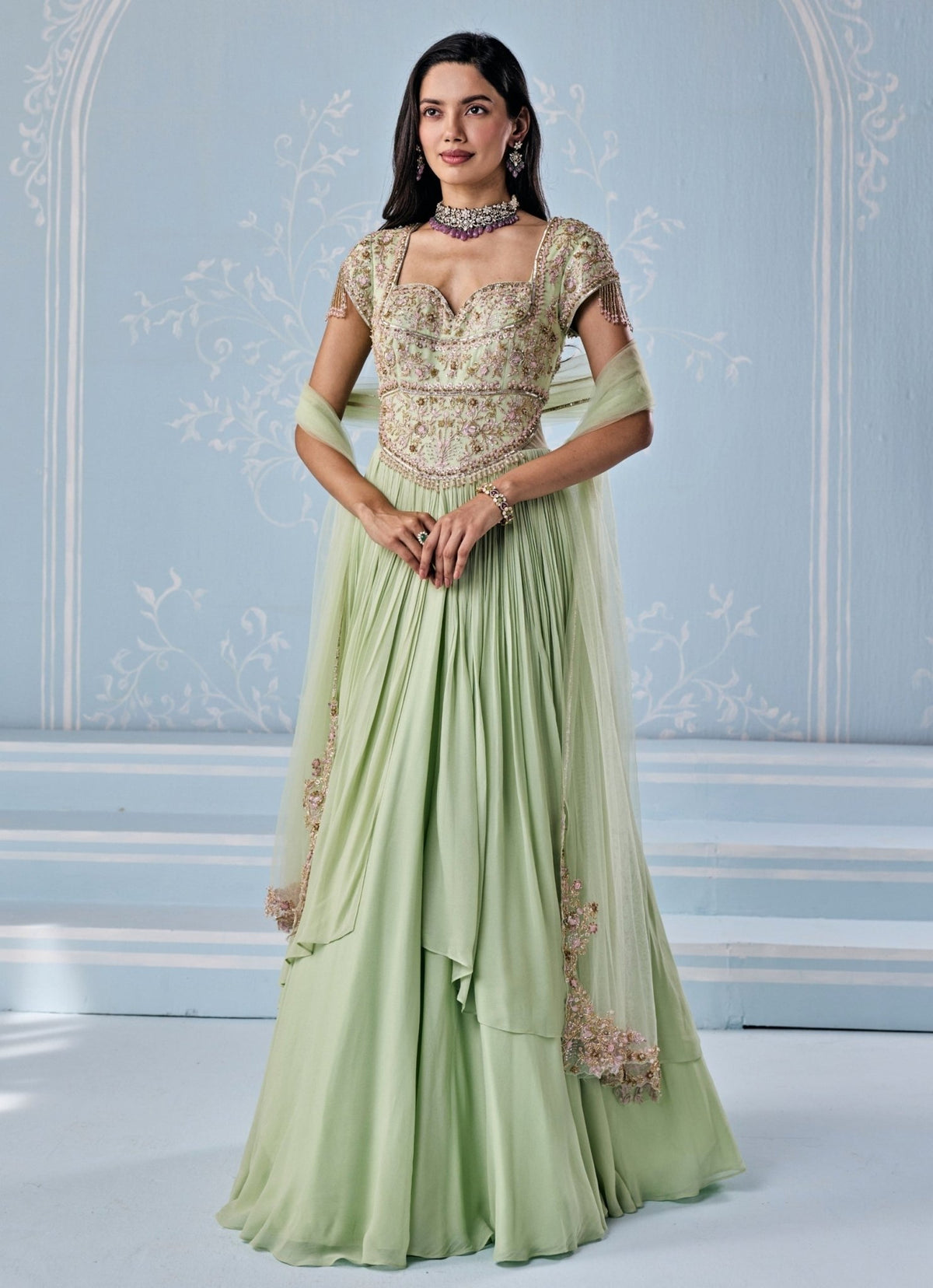 Seema Thukral Mint Green Georgette Anarkali for a henna night in Saudi Arabia