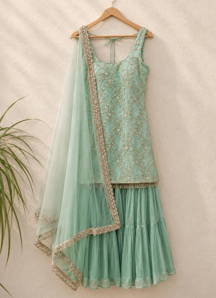 Mint Green Georgette Kurta Sharara Set Anisha Shetty - Fabilicious Fashion