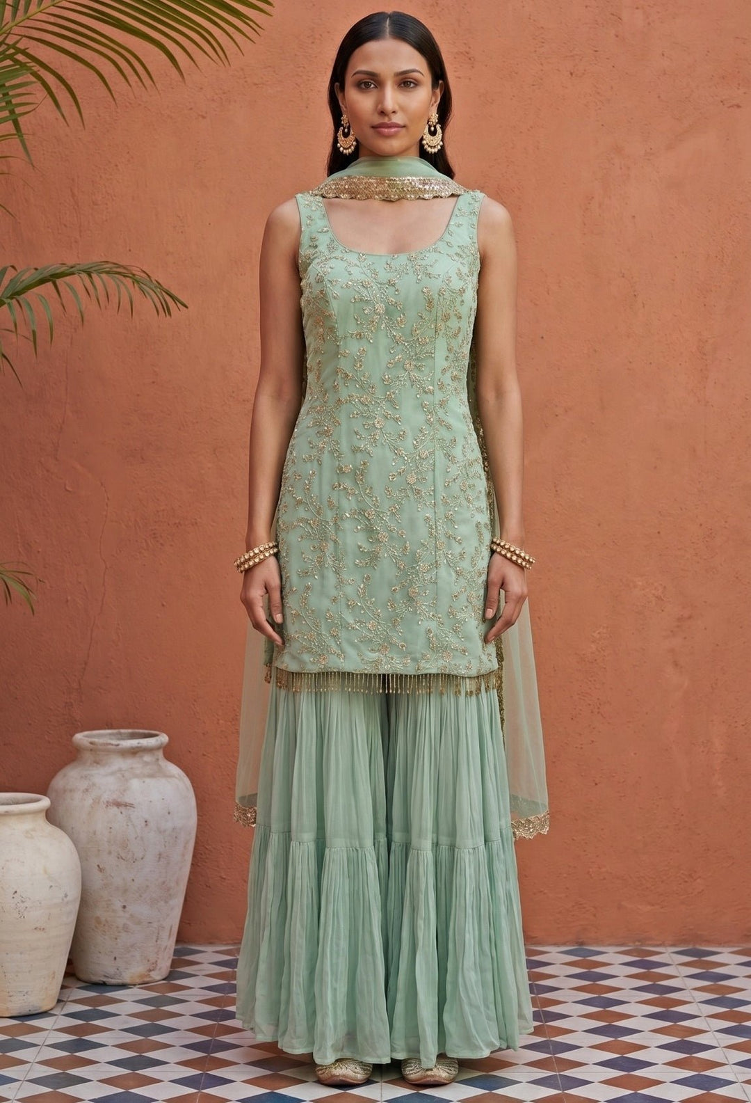 Mint Green Georgette Kurta Sharara Set Anisha Shetty - Fabilicious Fashion