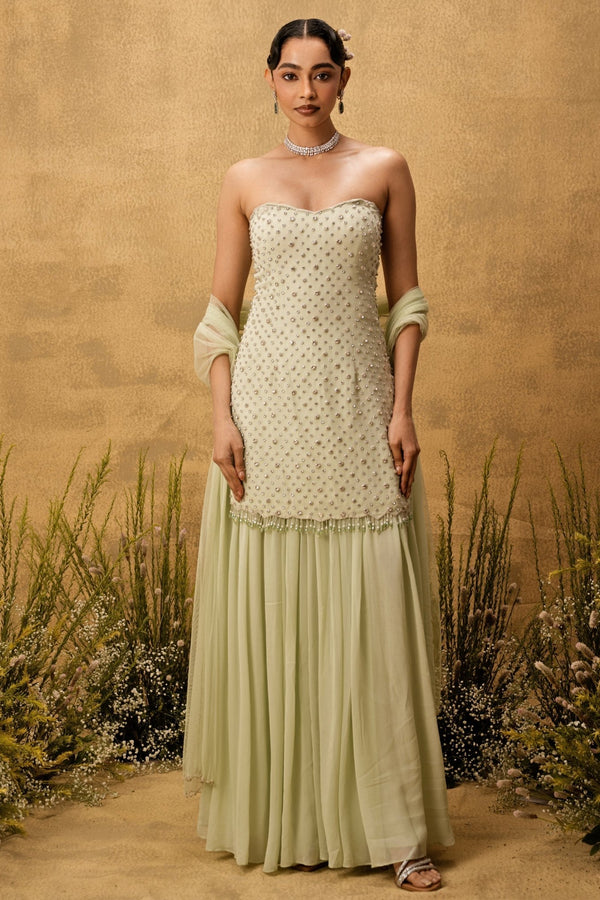 Mint green georgette kurta sharara for mehendi by Quench A Thirst