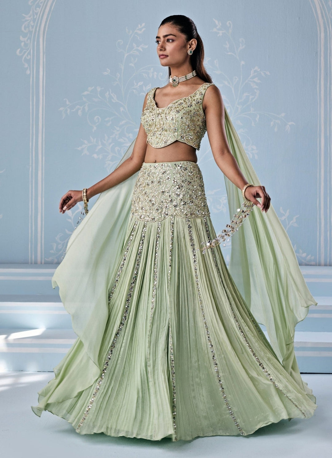 Mint Green Georgette Lehenga Set With Attached Dupatta Seema Thukral - Fabilicious Fashion