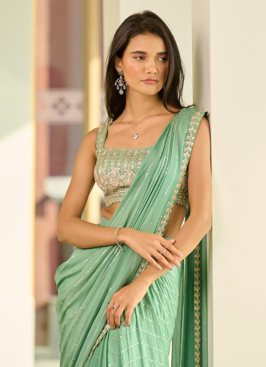 Mint Green Georgette Pre - Draped Saree Chamee and Palak - Fabilicious Fashion