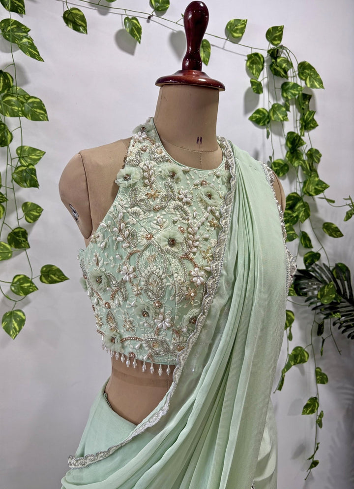 Priti Sahni Mint Green Georgette Pre-Draped SareeFabilicious Fashion