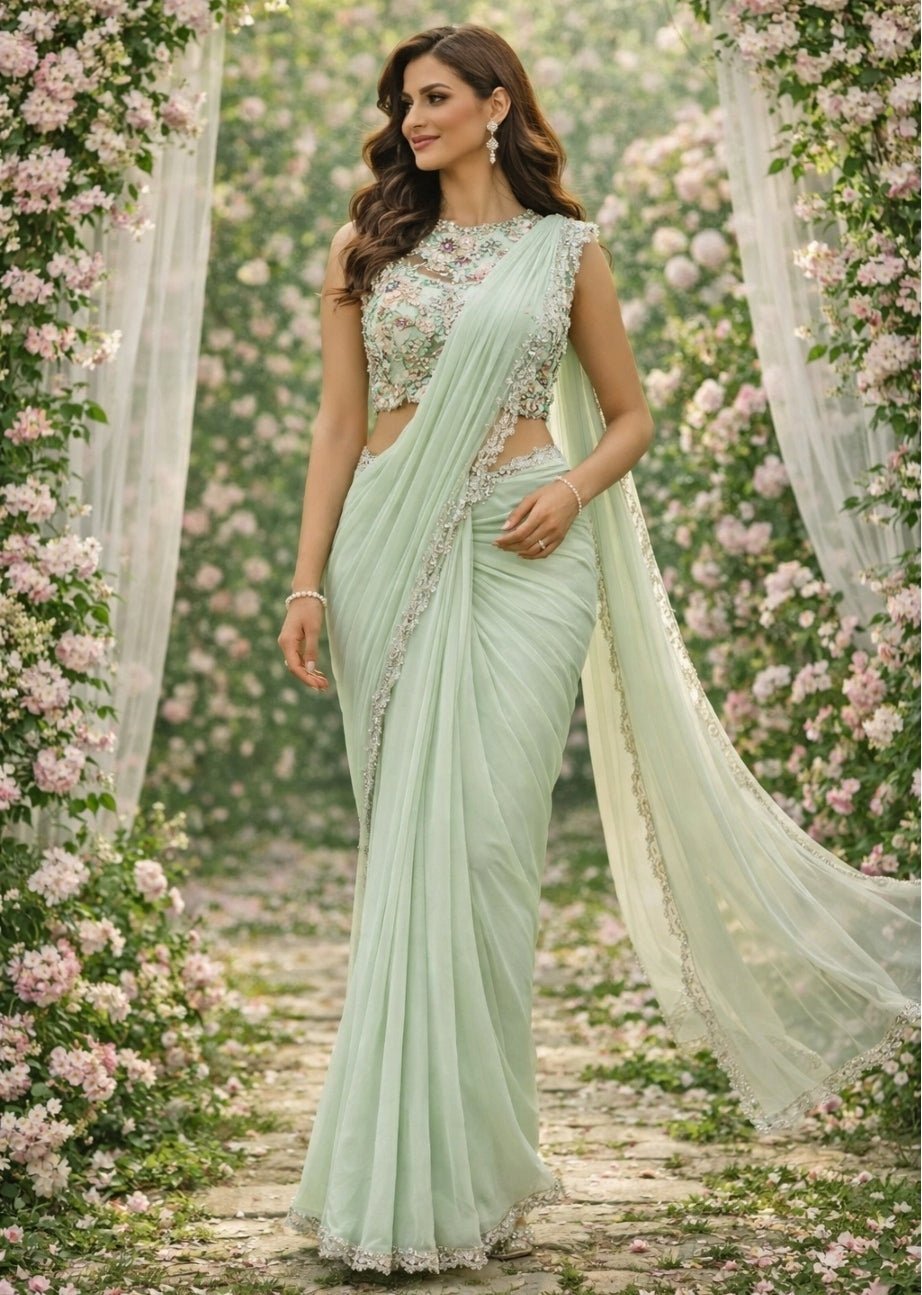 Priti Sahni Mint Green Georgette Pre-Draped SareeFabilicious Fashion