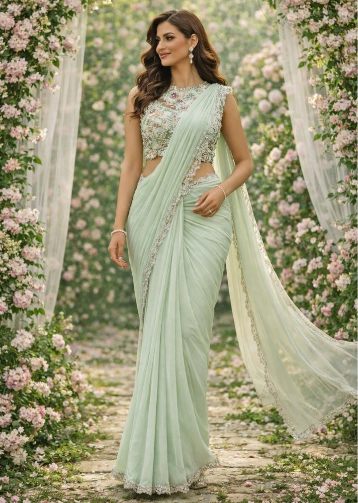 Priti Sahni Mint Green Georgette Pre-Draped SareeFabilicious Fashion