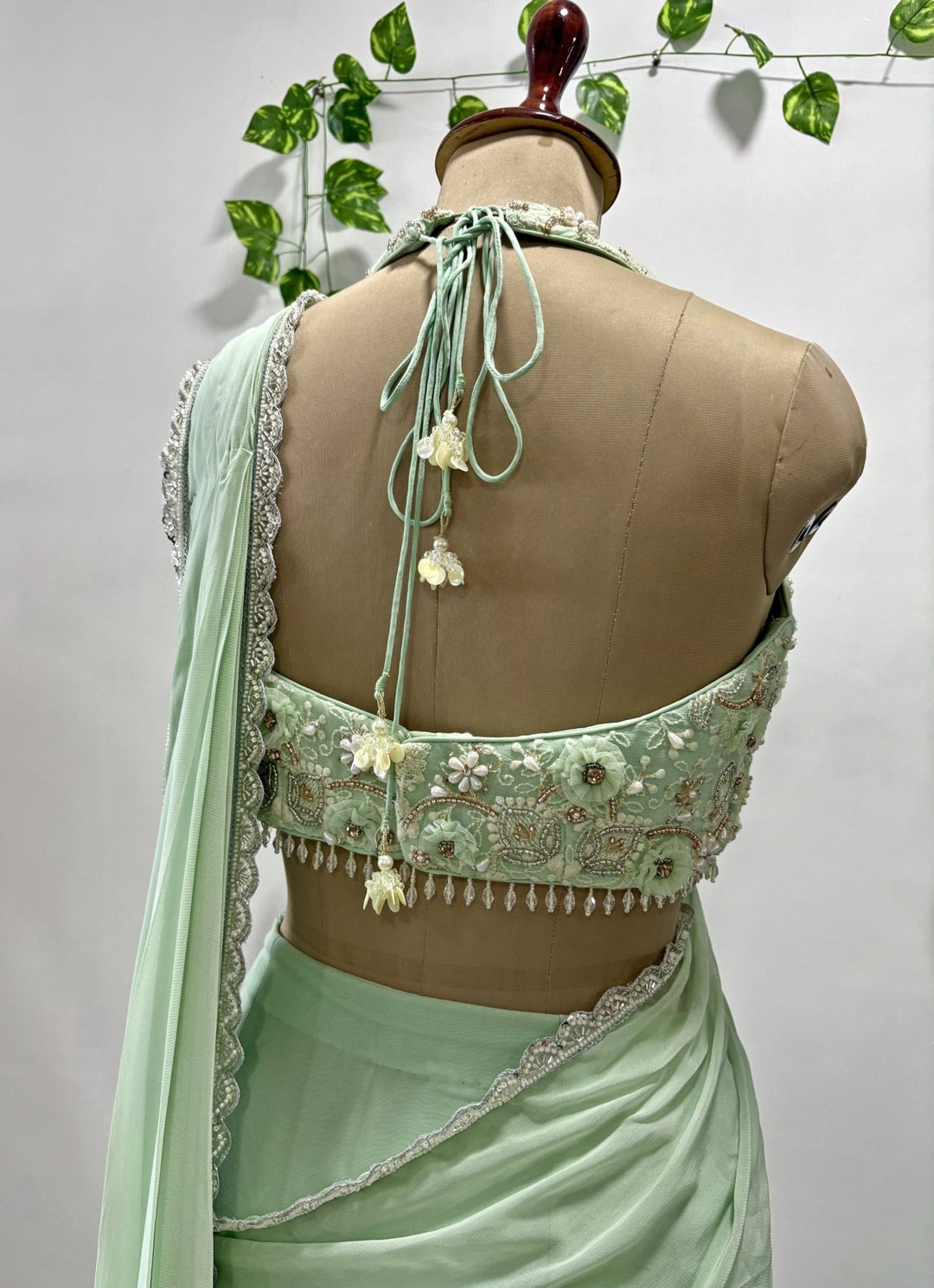 Priti Sahni Mint Green Georgette Pre-Draped SareeFabilicious Fashion