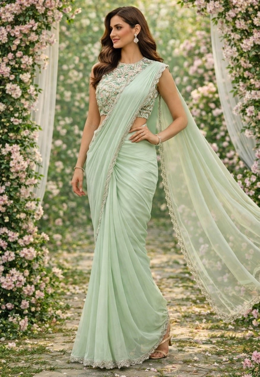 Priti Sahni Mint Green Georgette Pre-Draped SareeFabilicious Fashion